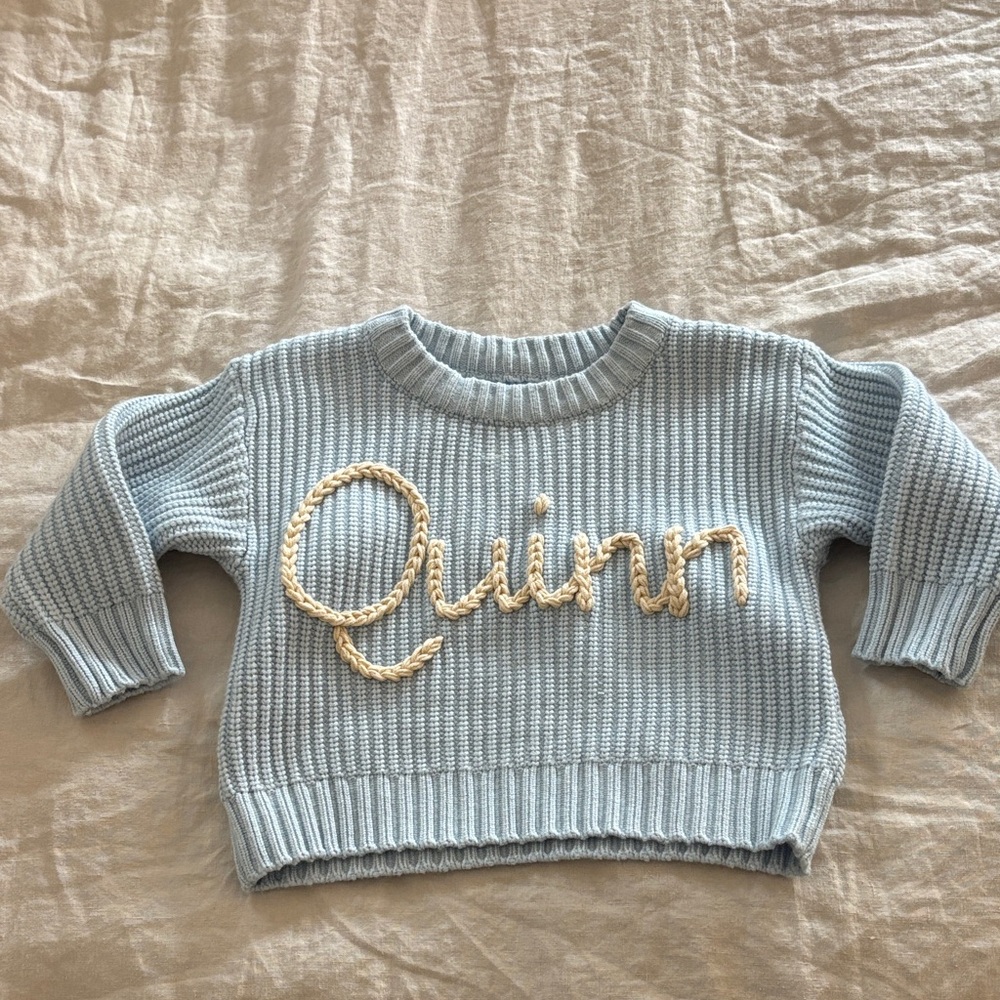 Light Blue Knit Baby Sweater with Rope Name Embroidered “Quinn”